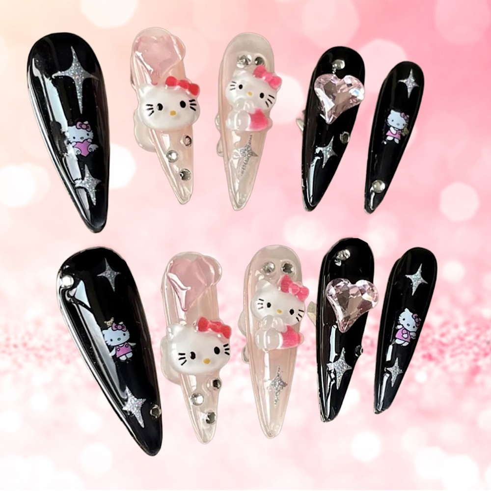 SOLD 🚫 Kawaii Black & Pink Hello Kitty Press-Ons